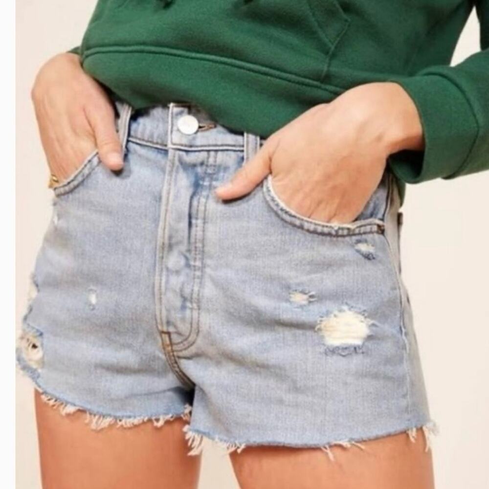 Reformation High Rise Distressed light blue wash Denim cutoff Shorts size 26